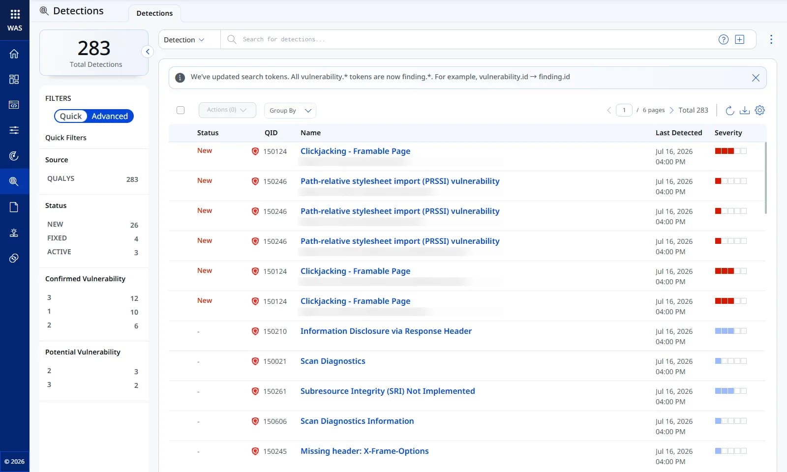 Qualys TotalAppSec 탐지 목록 — 웹 애플리케이션 취약점 283건, QID·심각도·탐지 시각(대상 URL 흐림 처리)