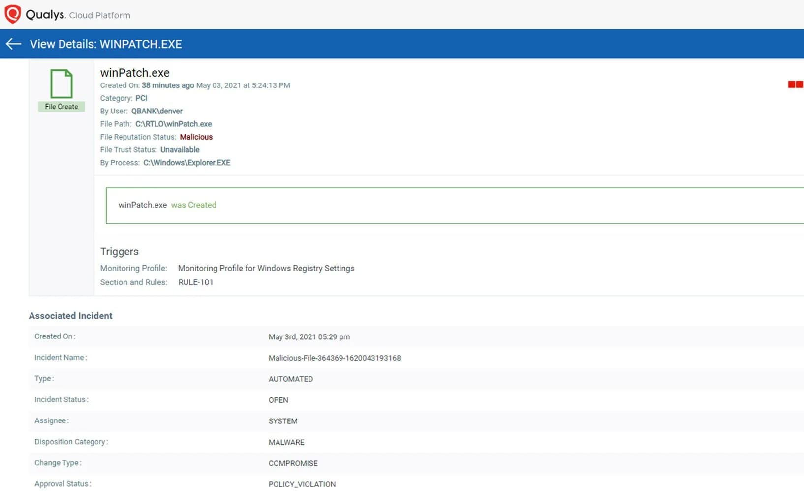 Qualys FIM 파일 변경 이벤트 상세 화면
