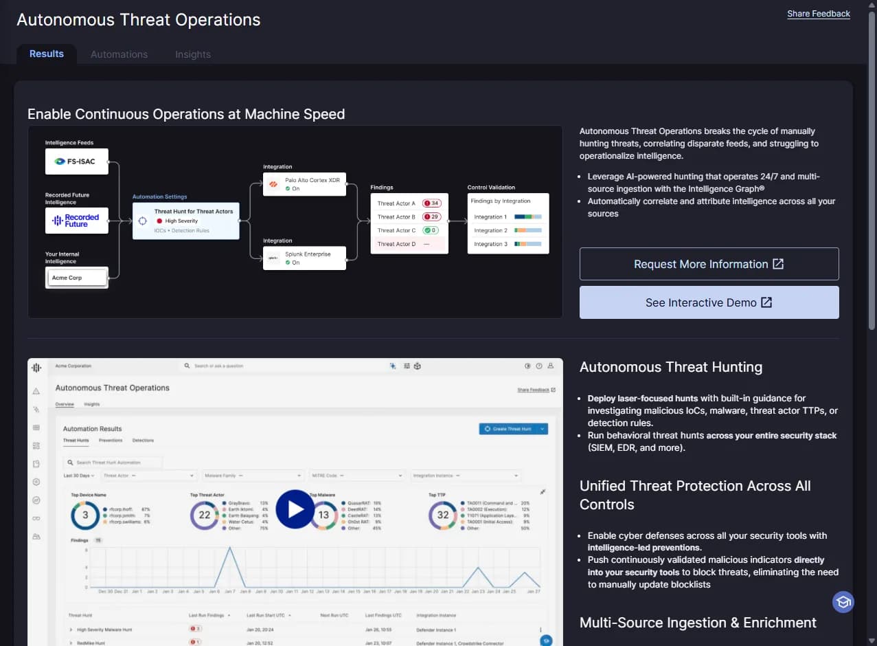 Recorded Future Autonomous Threat Operations — 인텔리전스 피드에서 통합 도구까지 자동화 흐름